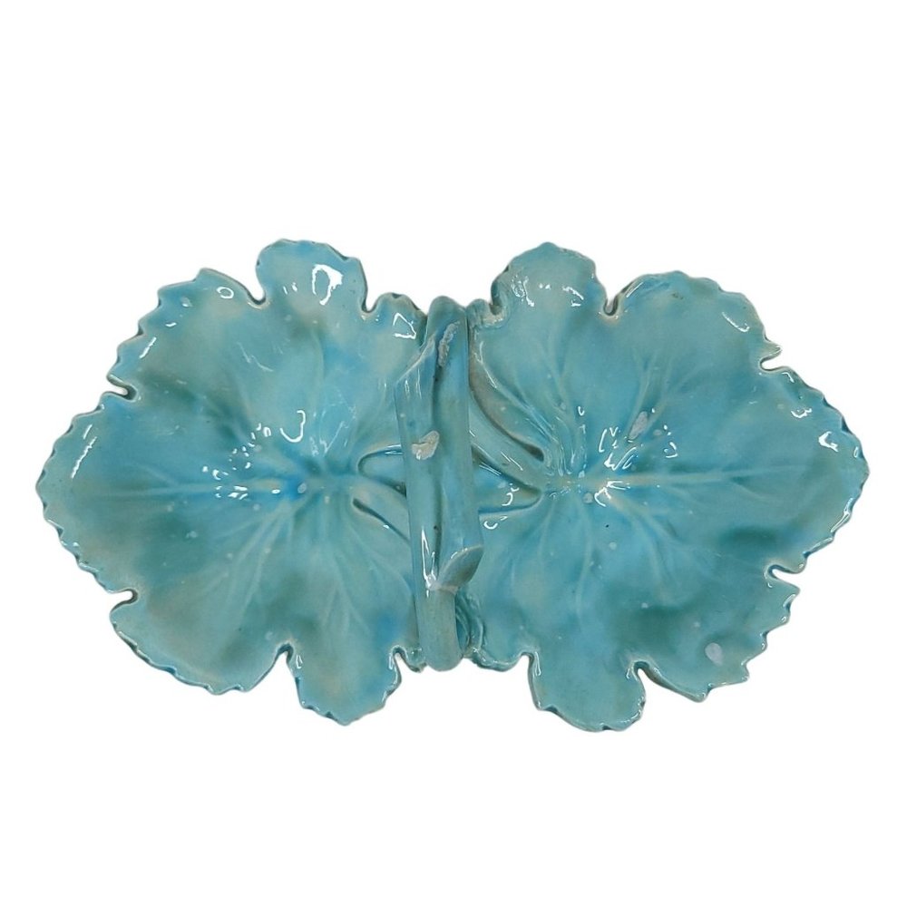 Vintage Holland Mold Double Leaf Dish Relish Condiment Soap Blue White Ceramic - Picture 9 of 10